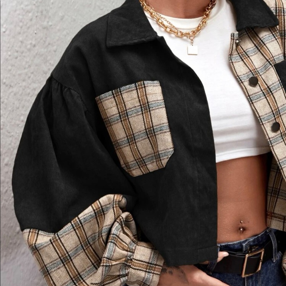 Corduroy Jacket, Cropped Plaid Patchwork Coat, Puffy Long Sleeve Button Down Top - Picture 3 of 5